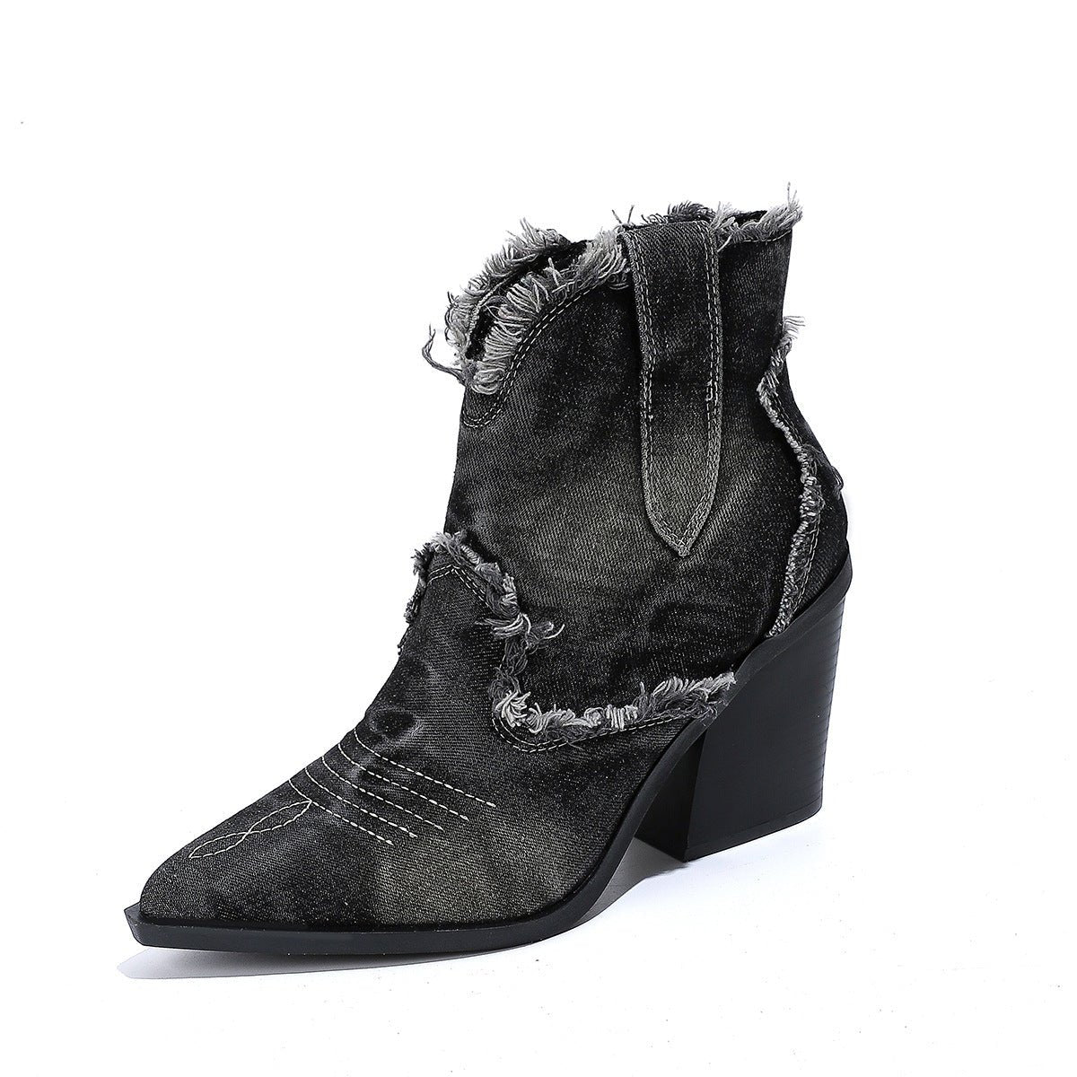 Women's Distressed Denim Western Pointed-Toe Ankle Boots
