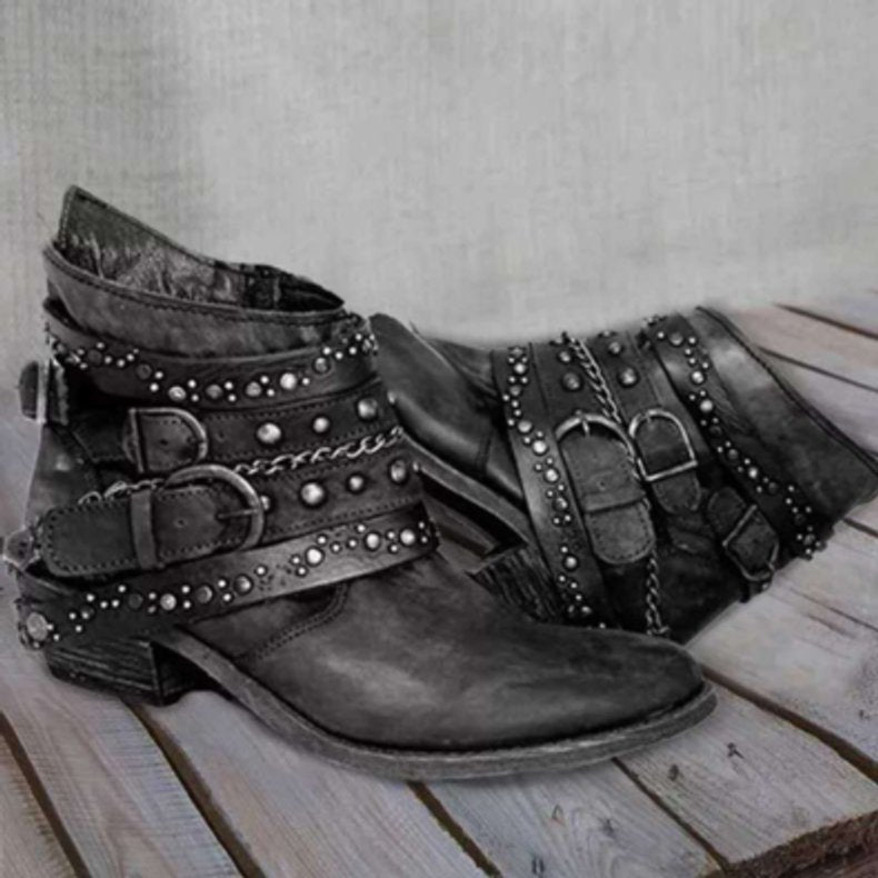 Women's Distressed Leather-Look Studded Buckle Strap Ankle Boots