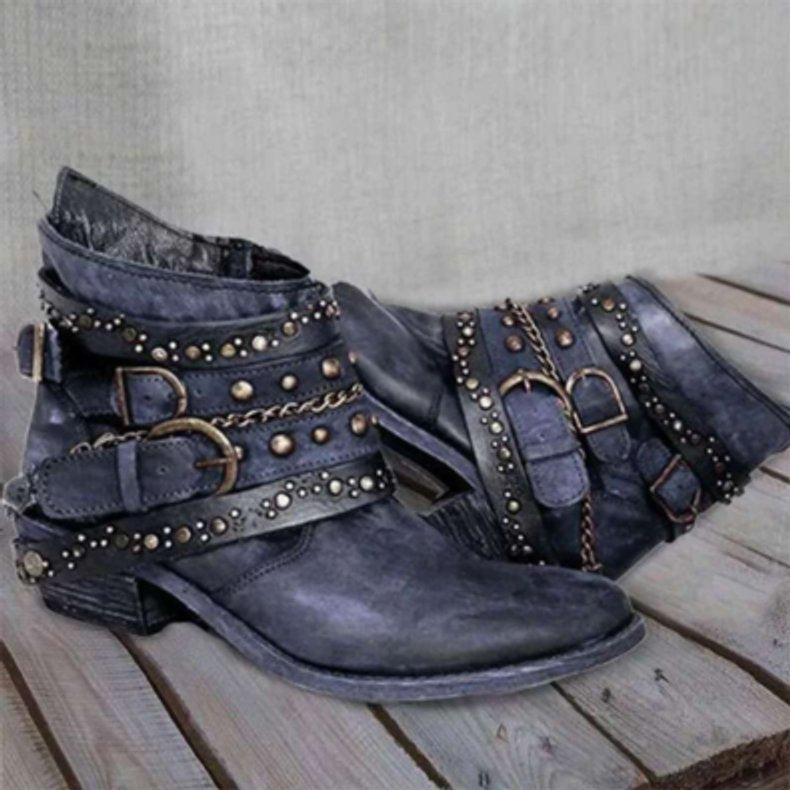 Women's Distressed Leather-Look Studded Buckle Strap Ankle Boots