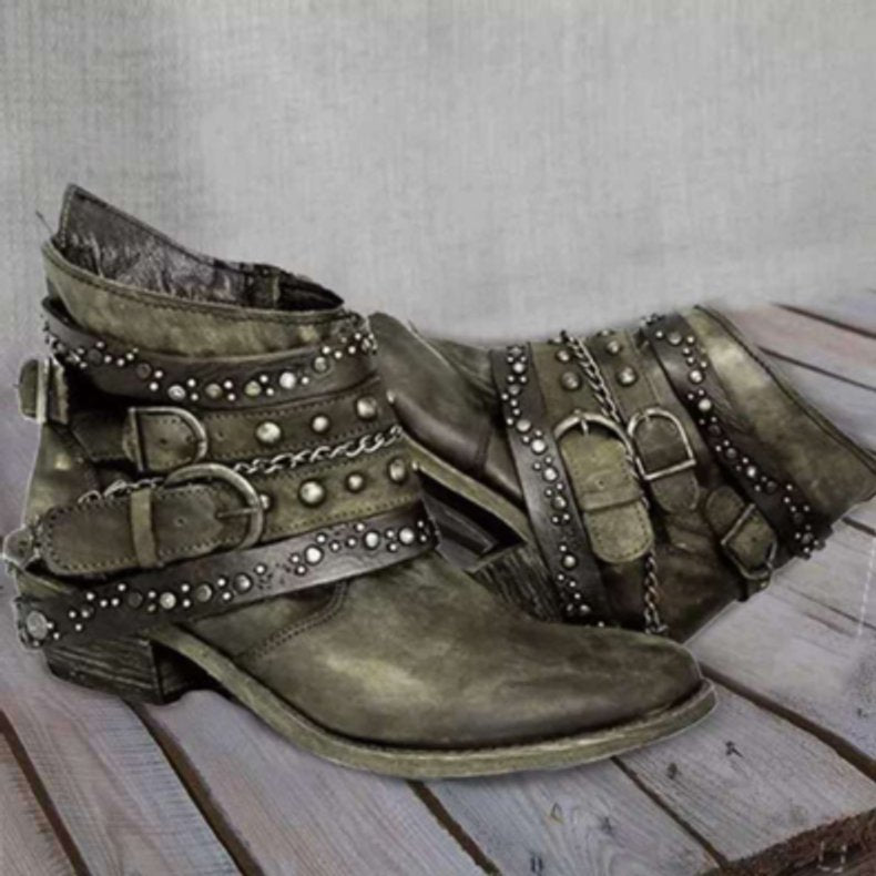 Women's Distressed Leather-Look Studded Buckle Strap Ankle Boots