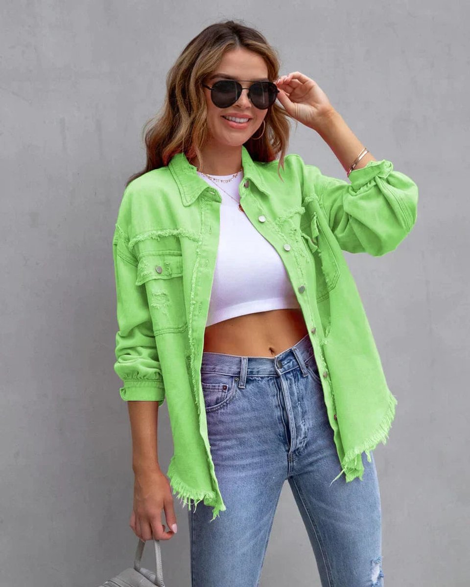 Women's Distressed Raw-Hem Oversized Denim Jacket
