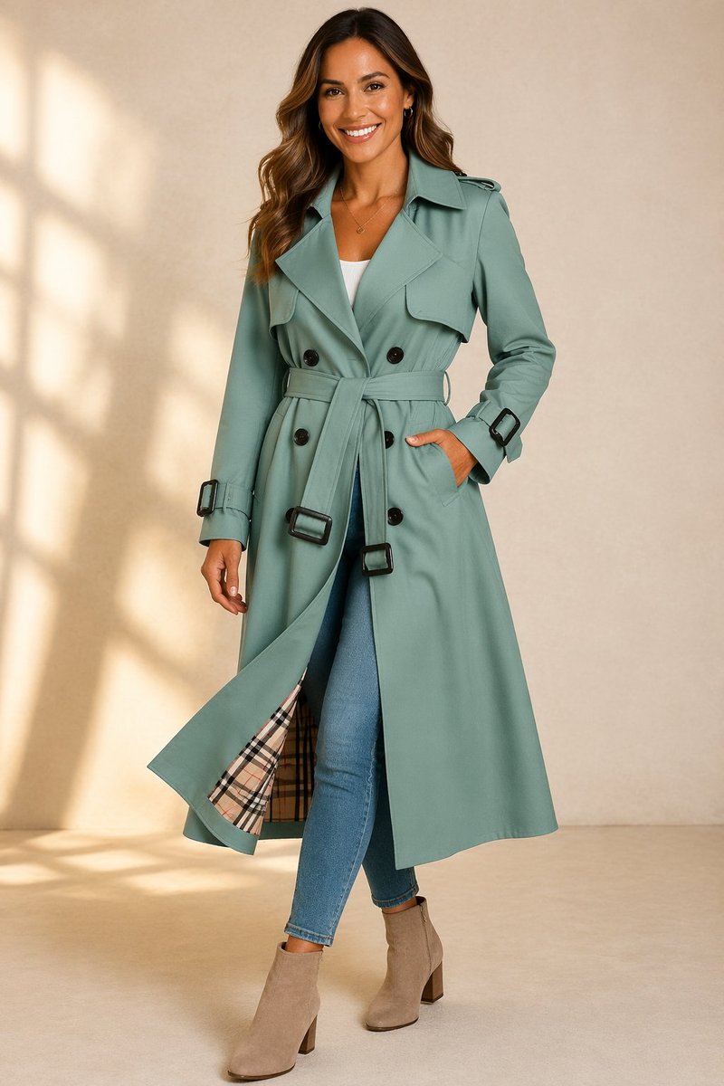 Women's Double-Breasted Belted Long Trench Coat Tartan-Lined