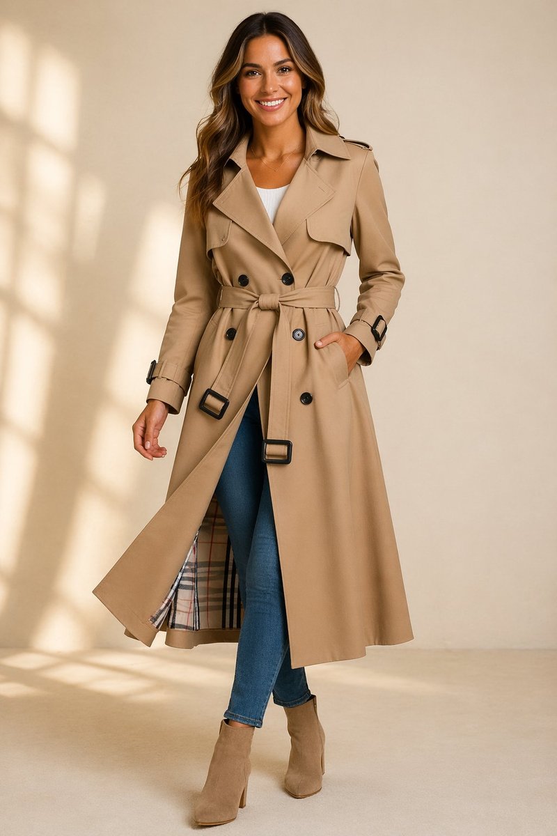 Women's Double-Breasted Belted Long Trench Coat Tartan-Lined