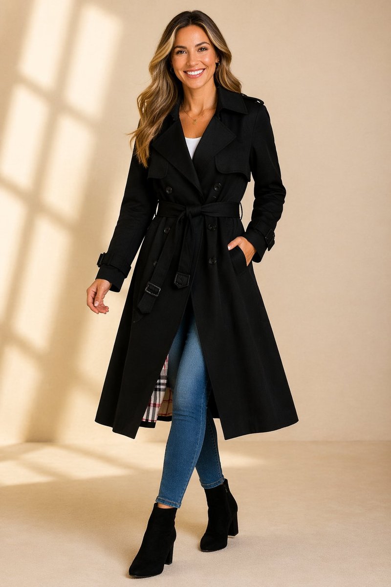 Women's Double-Breasted Belted Long Trench Coat Tartan-Lined