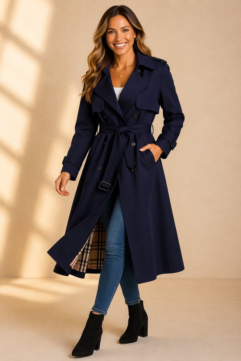 Women's Double-Breasted Belted Long Trench Coat Tartan-Lined