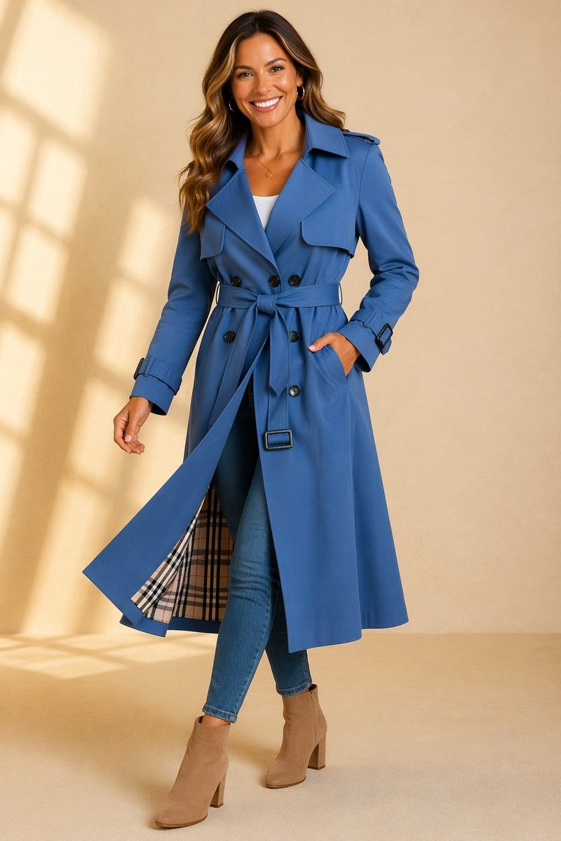 Women's Double-Breasted Belted Long Trench Coat Tartan-Lined