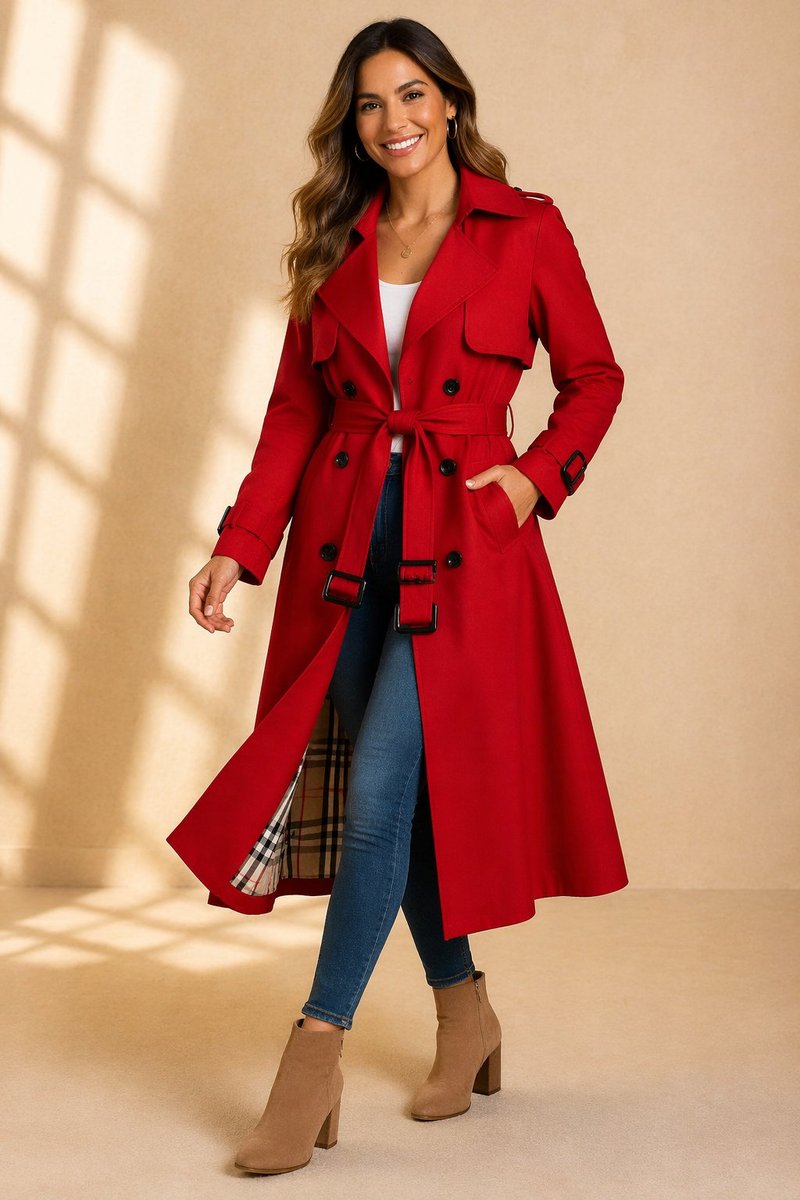 Women's Double-Breasted Belted Long Trench Coat Tartan-Lined