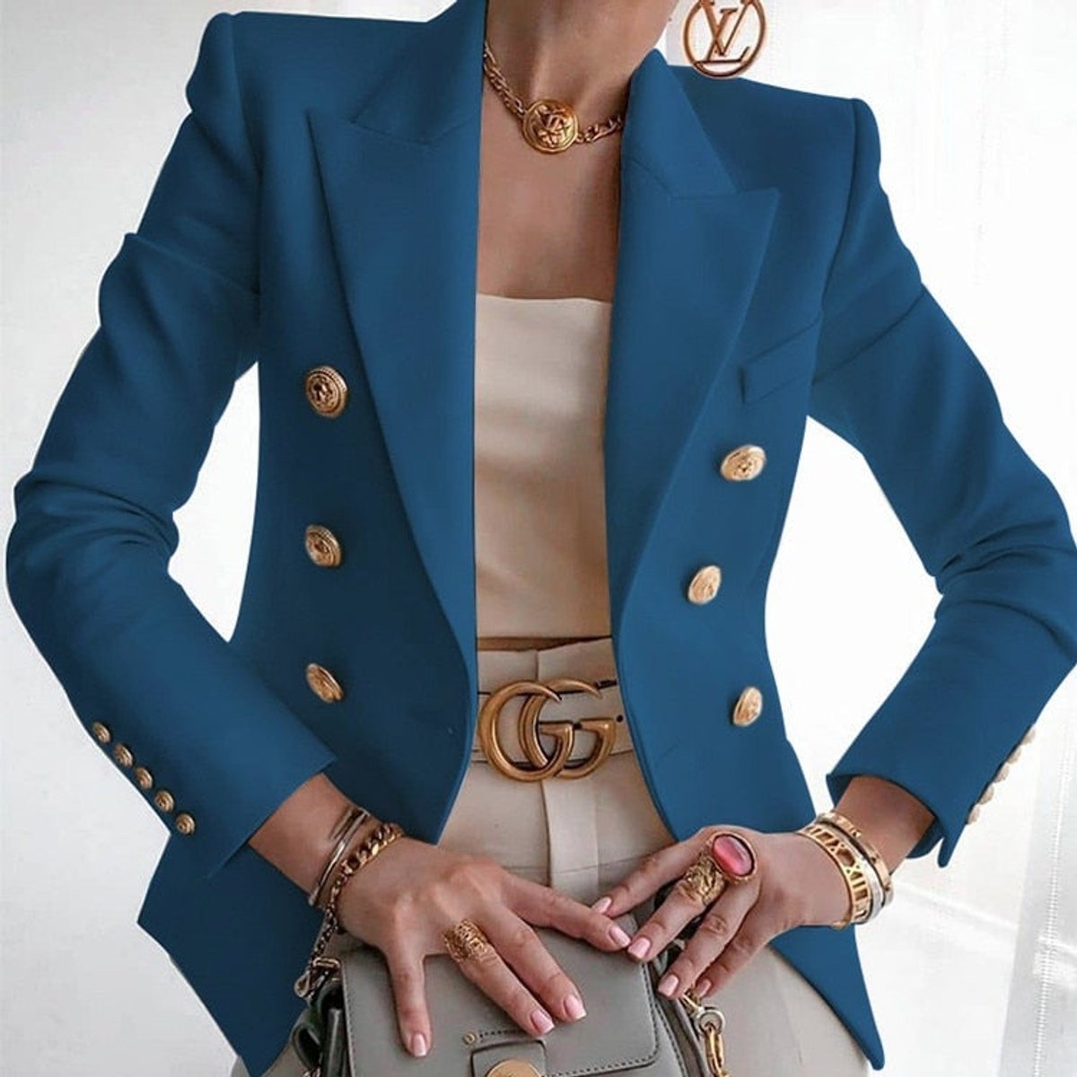 Women's Double-Breasted Gold-Button Tailored Blazer