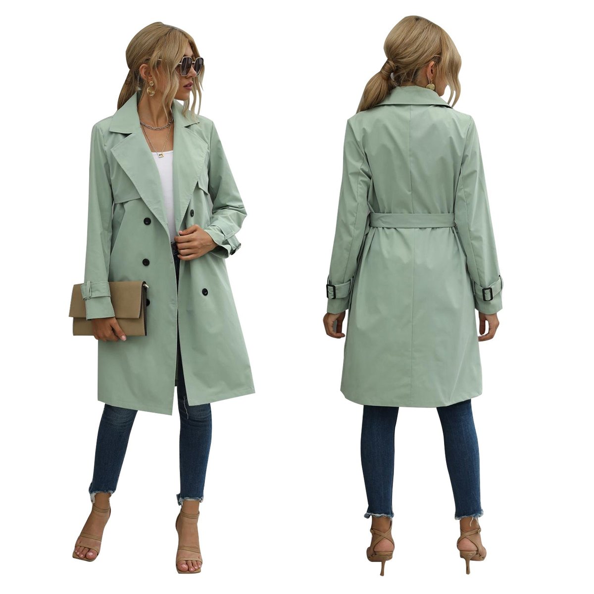 Women's Double-Breasted Midi Belted Trench Coat
