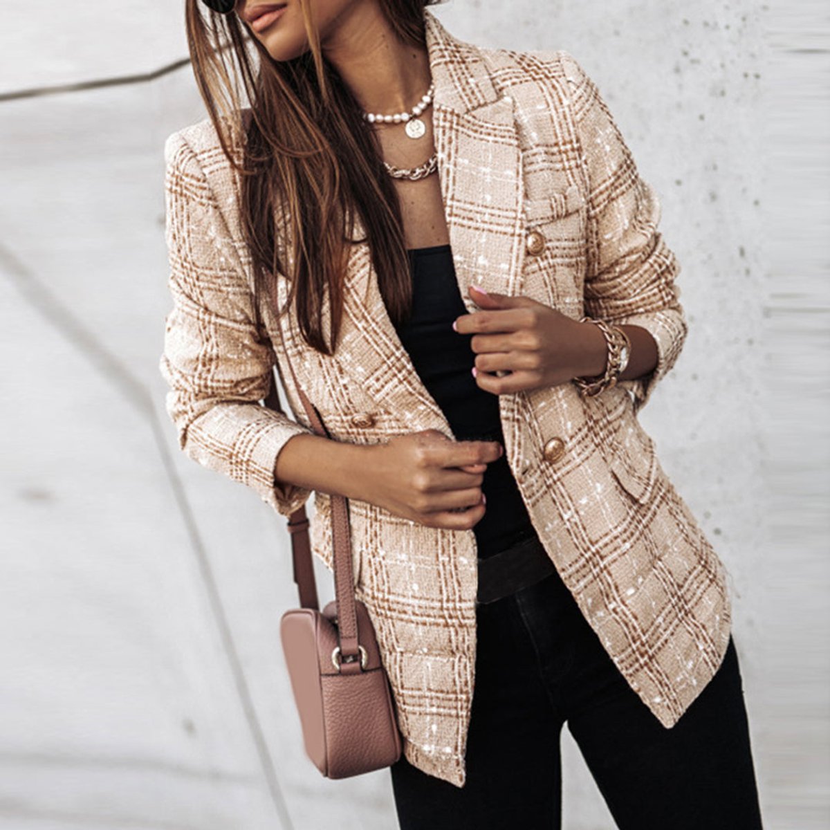 Women's Double-Breasted Tweed Plaid Blazer