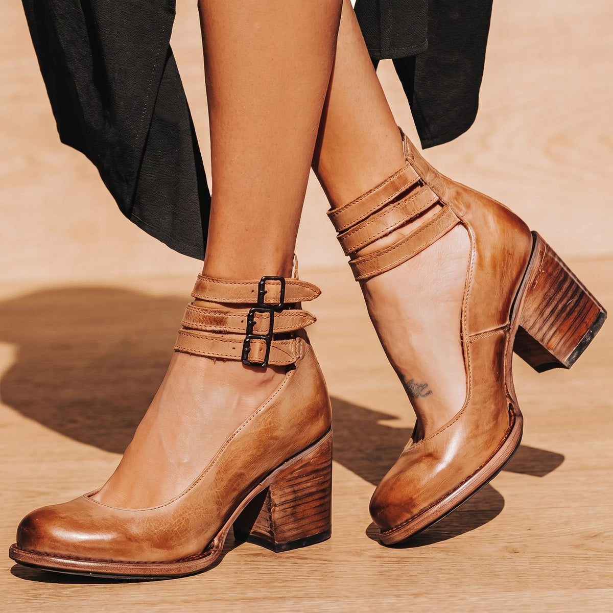 Grace | Women's Double-Buckle Block-Heel Leather Ankle Boots