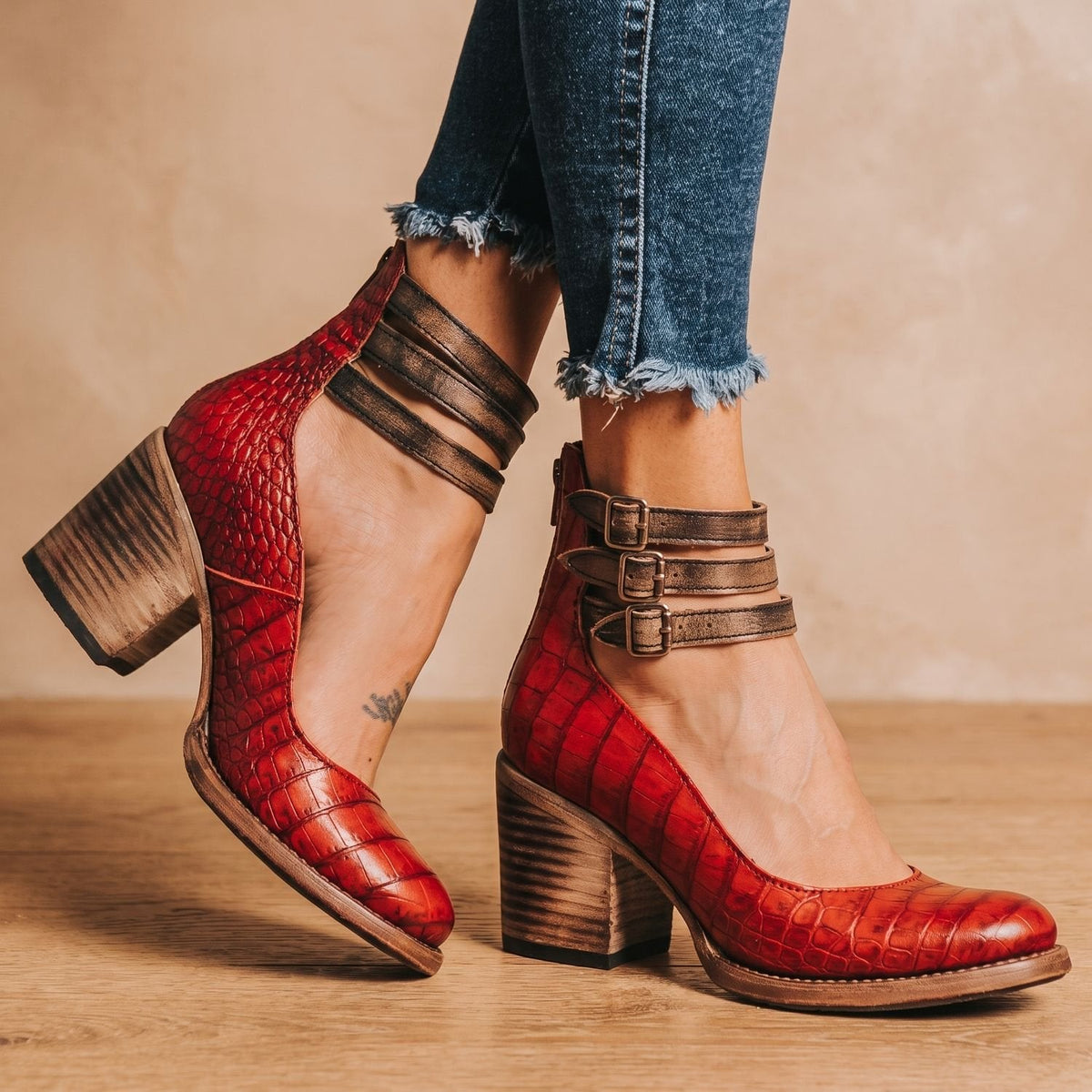 Grace | Women's Double-Buckle Block-Heel Leather Ankle Boots