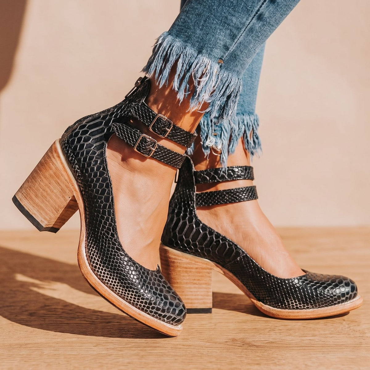 Grace | Women's Double-Buckle Block-Heel Leather Ankle Boots