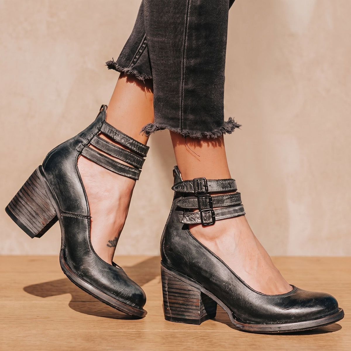 Grace | Women's Double-Buckle Block-Heel Leather Ankle Boots