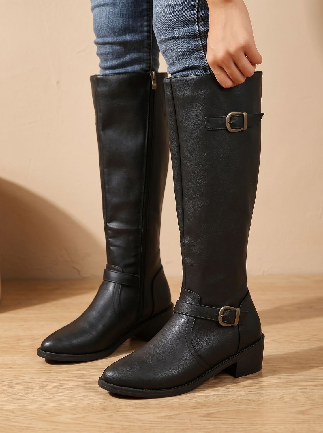 Grace | Women's Double Buckle Knee High Boots Low Block Heel