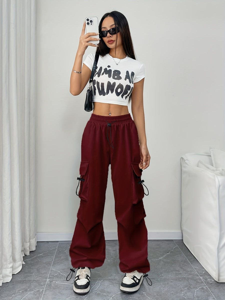 Women's Wide Leg Cargo Pants with Drawstring Elastic Waist