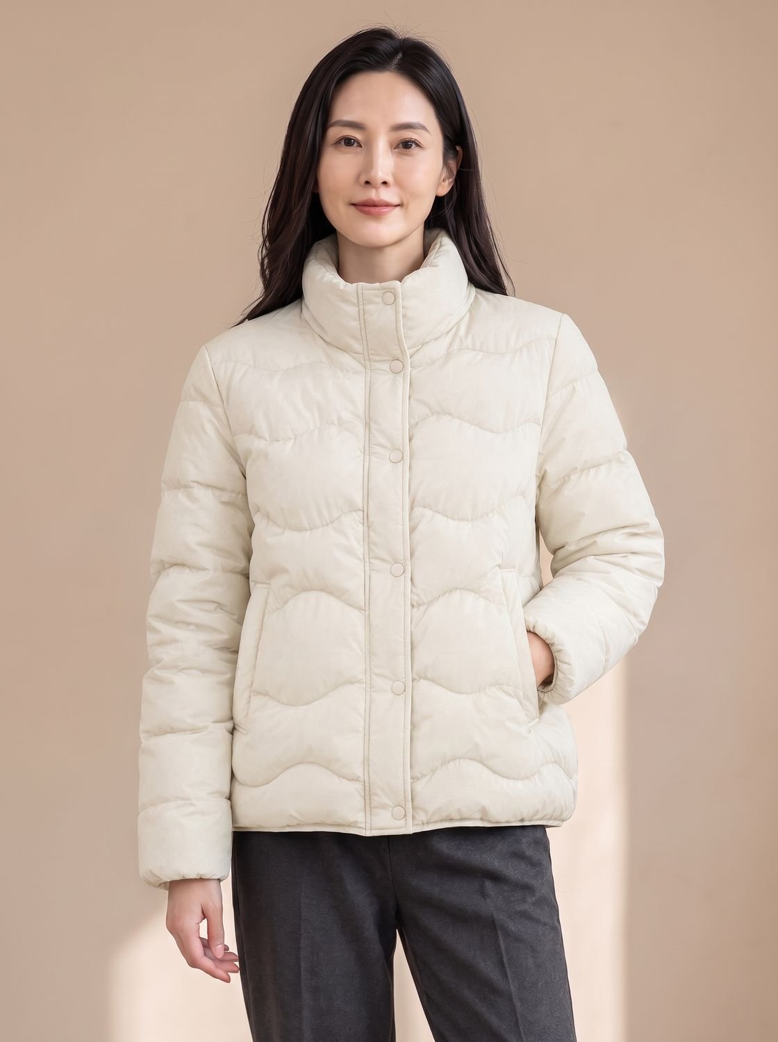 Penelope | Women's Duck-Down Quilted Puffer Jacket Stand Collar Snap-Front