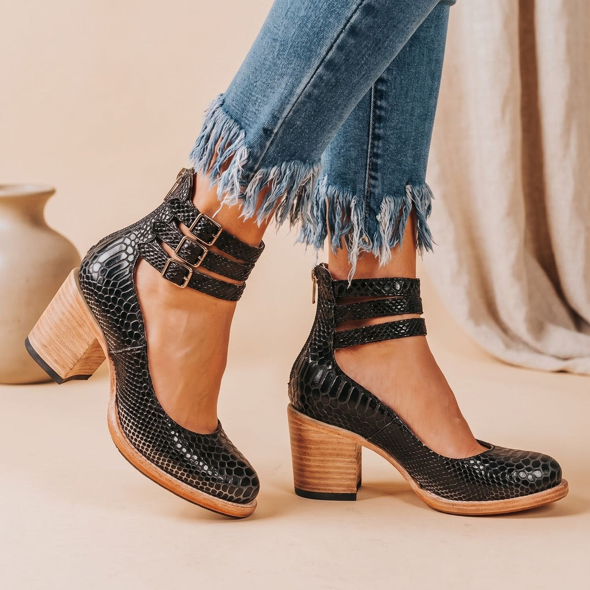 Luna | Women's Elegant Double-Buckle Block-Heel Ankle Boots