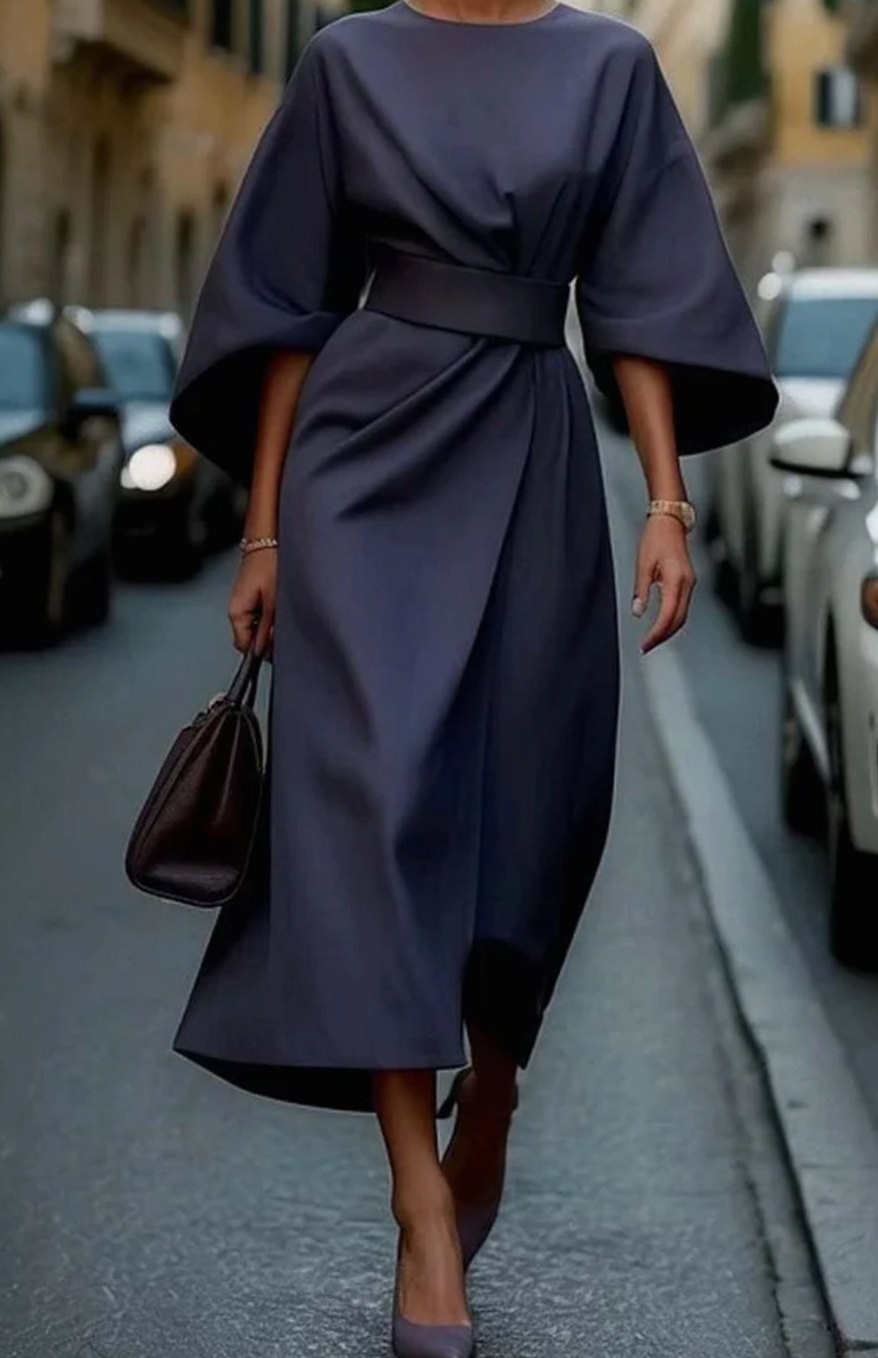 Women's Elegant Dress Belted Lantern-Sleeve Midi