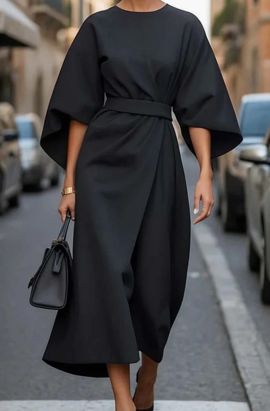 Women's Elegant Dress Belted Lantern-Sleeve Midi