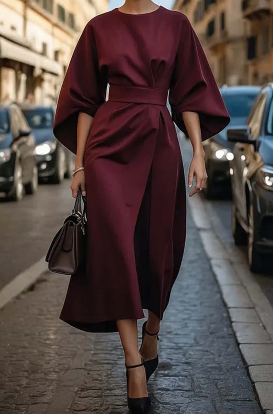 Women's Elegant Dress Belted Lantern-Sleeve Midi