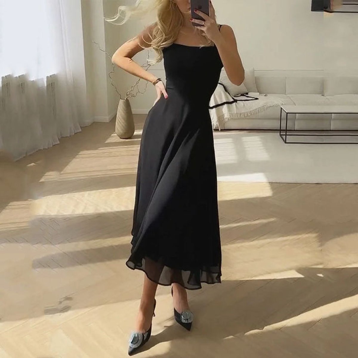 Women's Elegant Square Neck Midi Fall Wedding Guest Dress