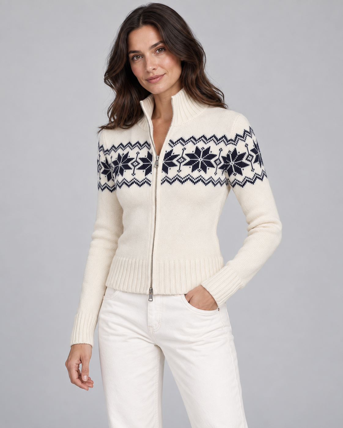 Women's Fair Isle Cardigan - Snowflake Funnel Neck