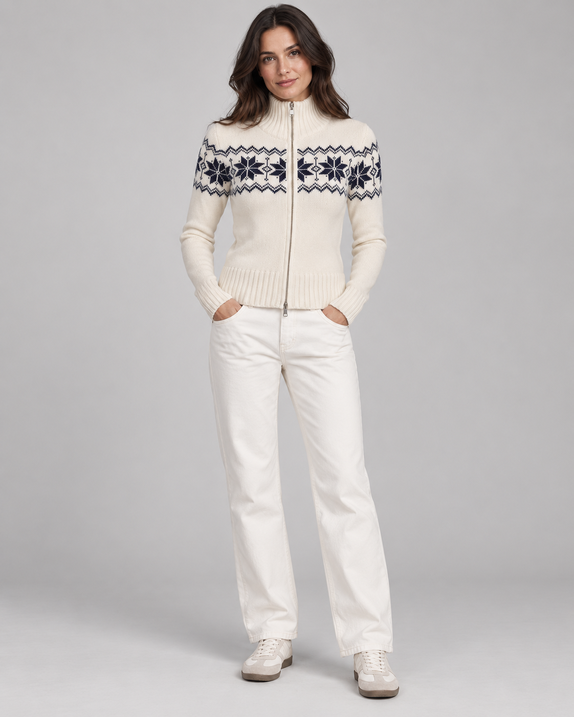 Women's Fair Isle Cardigan - Snowflake Funnel Neck