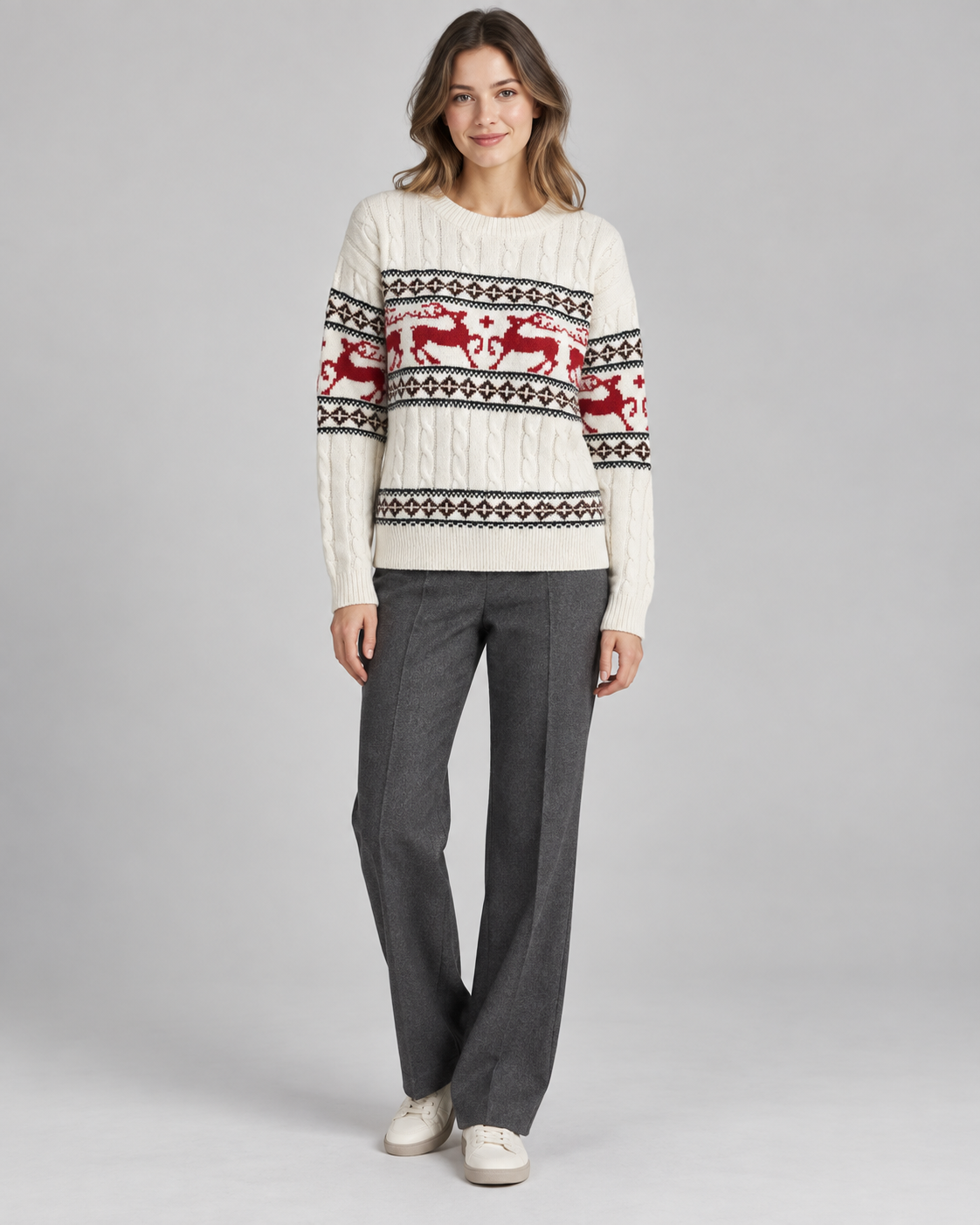 Women's Fair Isle Christmas Sweater - Aran Cable Reindeer