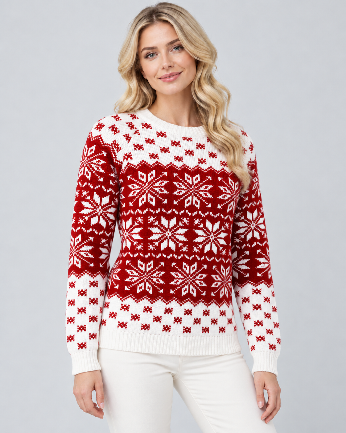 Women's Fair Isle Christmas Sweater - Checkered Trim Snowflake