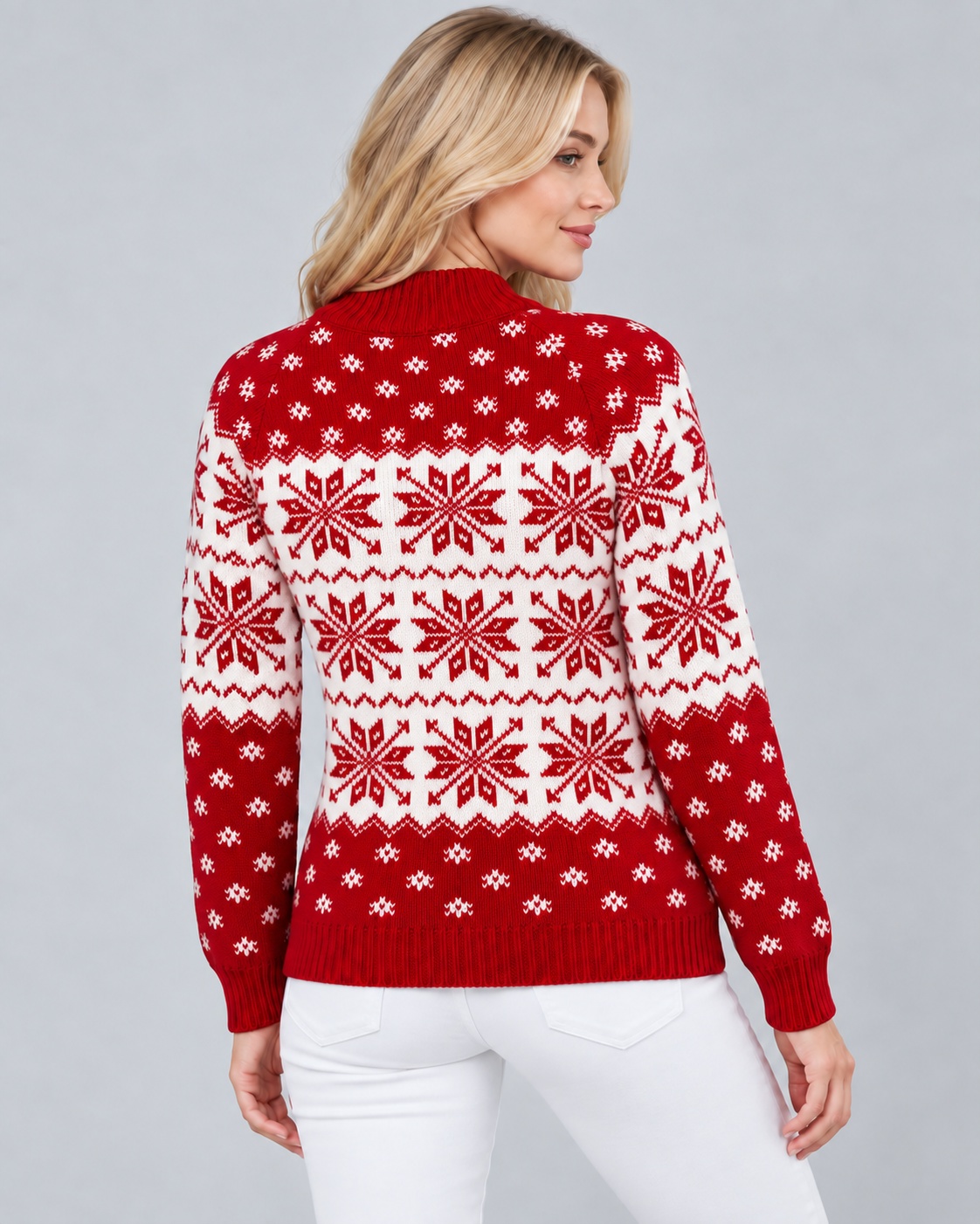 Women's Fair Isle Christmas Sweater - Checkered Trim Snowflake