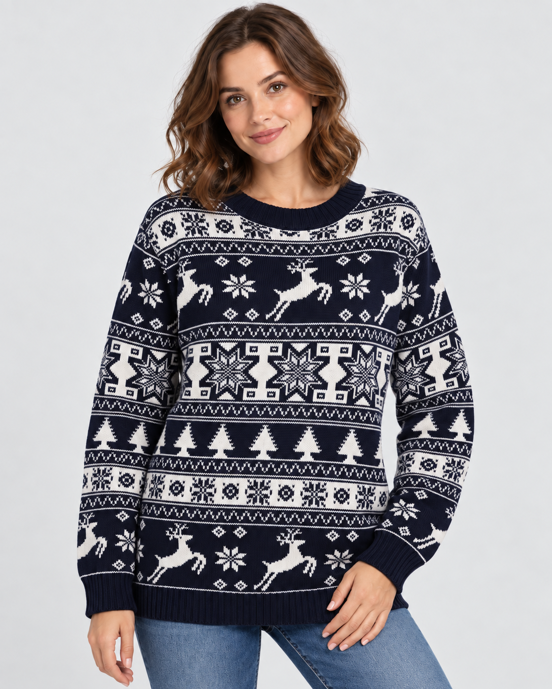Women's Fair Isle Christmas Sweater - Reindeer Fir Tree Crew Neck