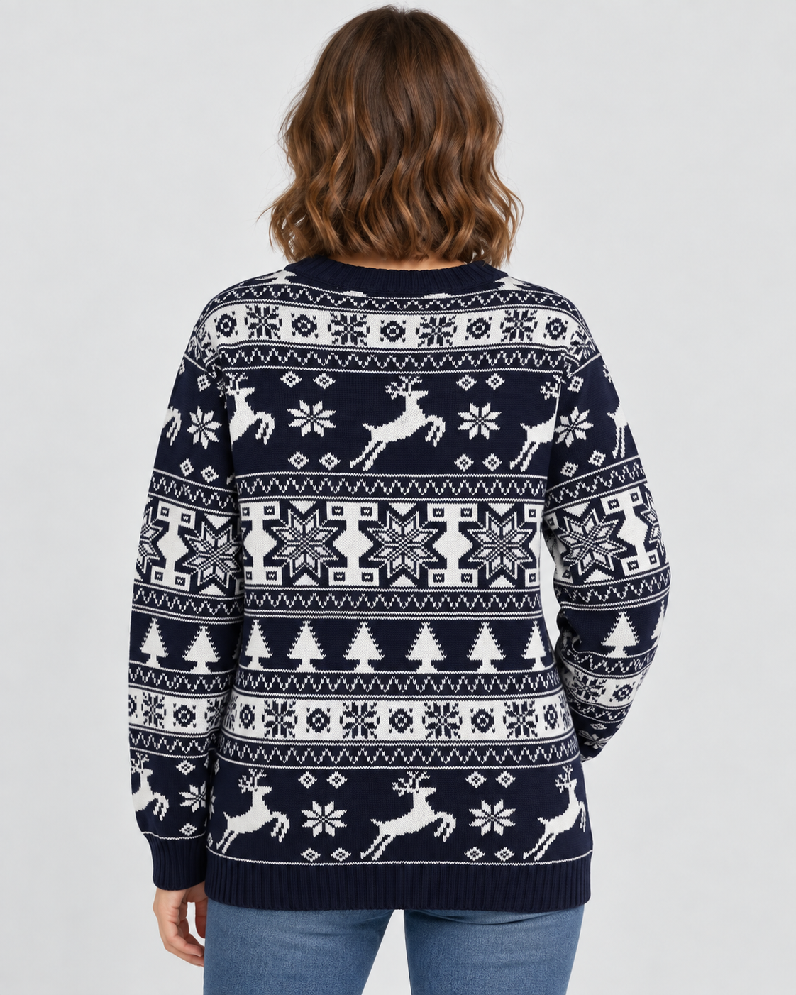 Women's Fair Isle Christmas Sweater - Reindeer Fir Tree Crew Neck