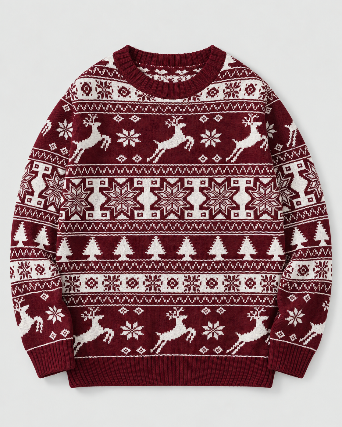 Women's Fair Isle Christmas Sweater - Reindeer Fir Tree Crew Neck