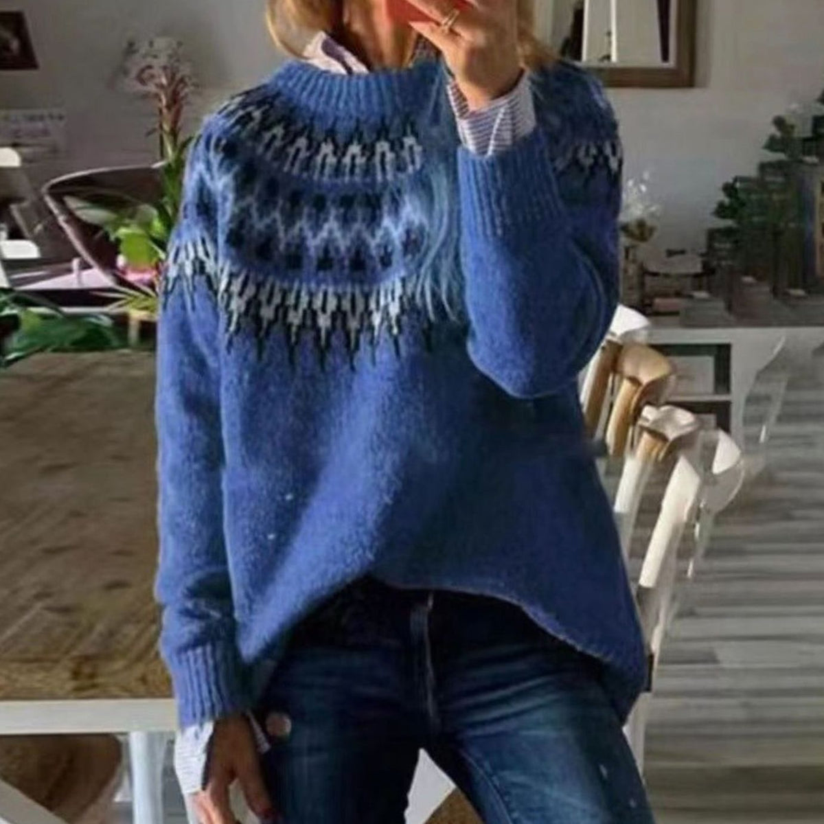 Women's Fair Isle Nordic Pattern Sweater Relaxed Knit Pullover