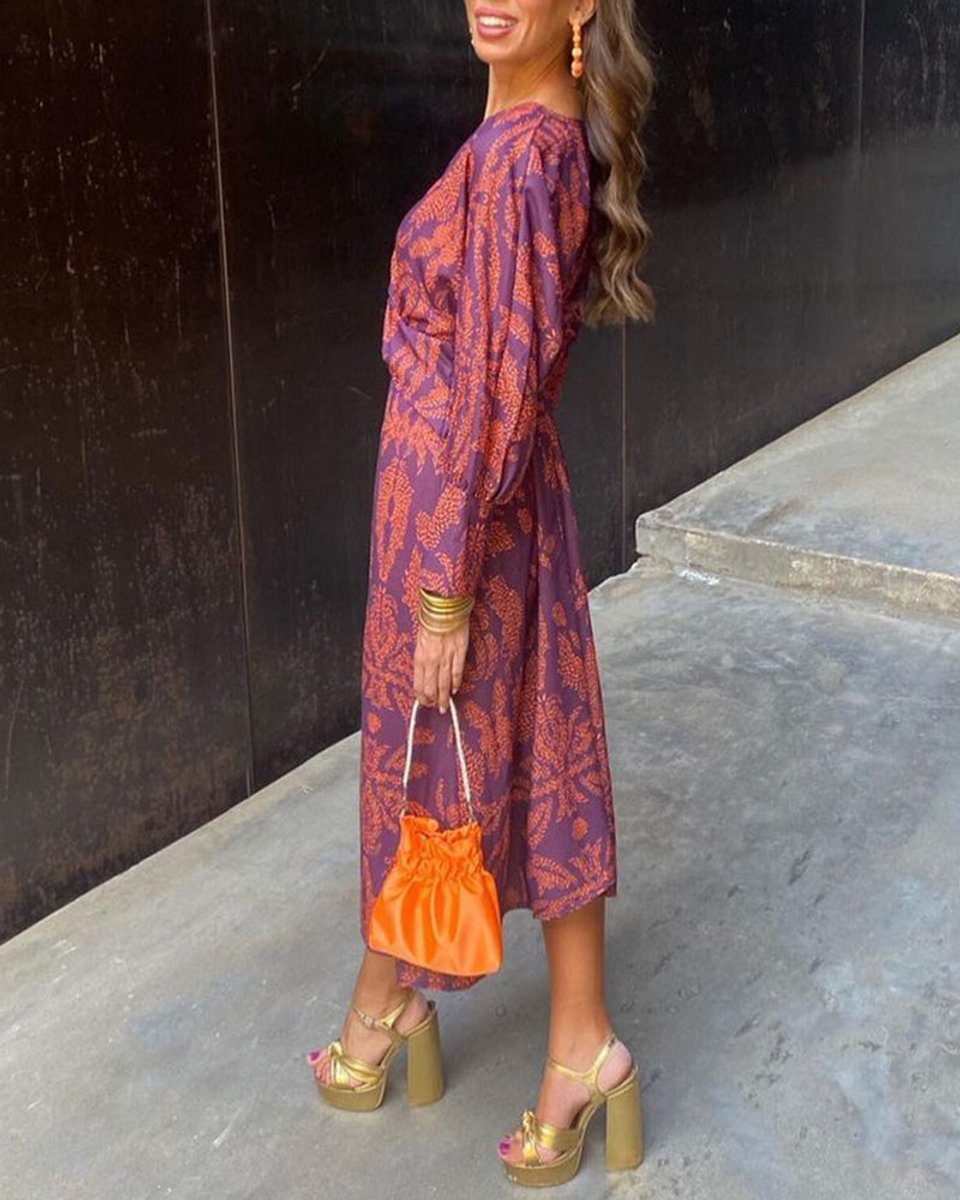 Women's Fall Wedding Guest Dress V-Neck Printed Long-Sleeve Maxi