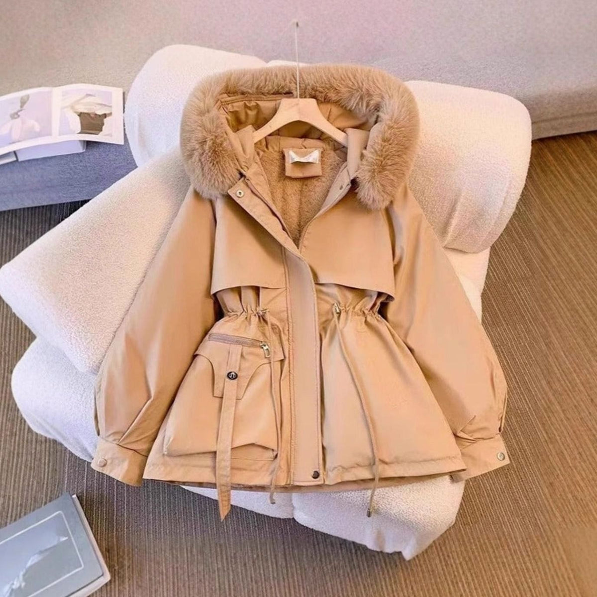 Women's Faux Fur Hooded Drawstring Winter Coat