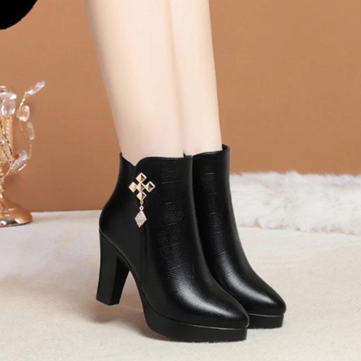 Women's Faux Leather Block-Heel Fleece-Lined Ankle Boots