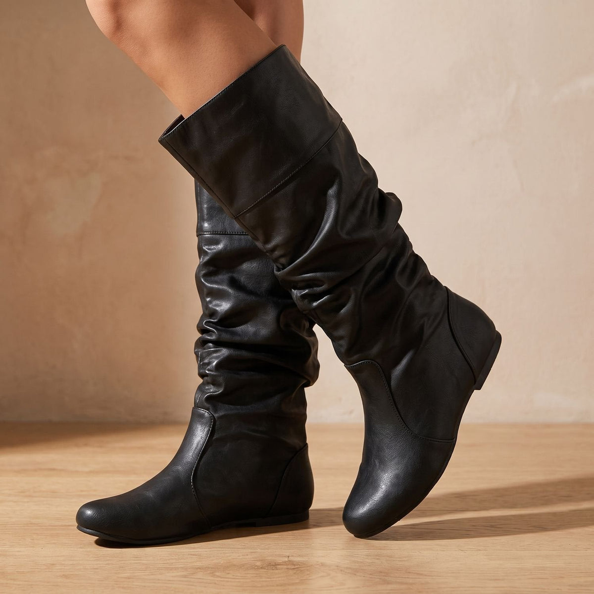 Grace | Women's Faux Leather Flat Slouch Mid-Calf Pull-On Boots