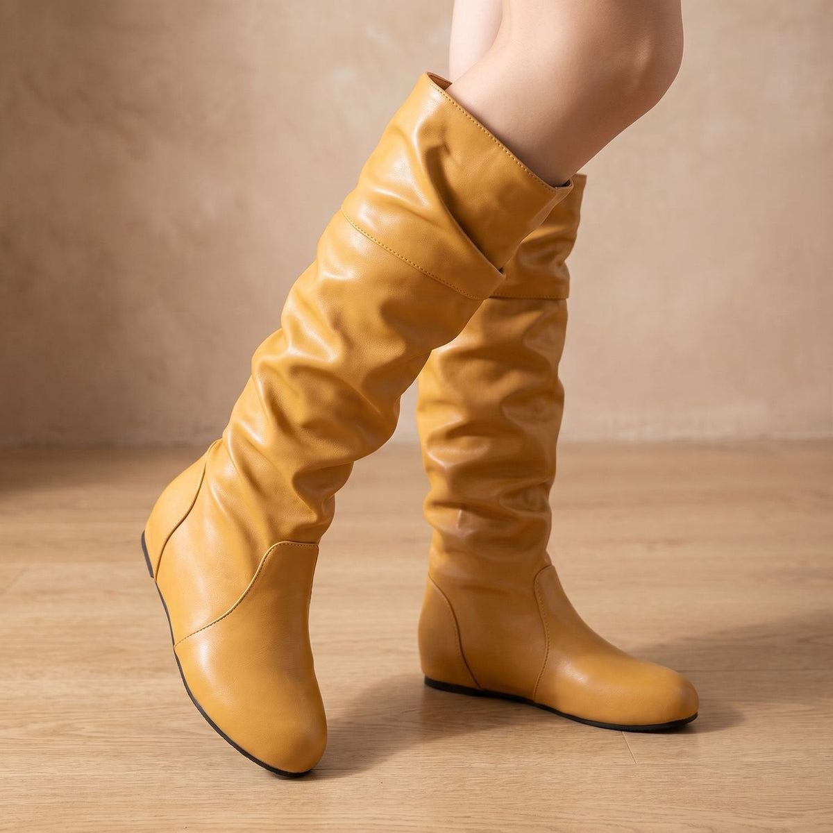 Grace | Women's Faux Leather Flat Slouch Mid-Calf Pull-On Boots