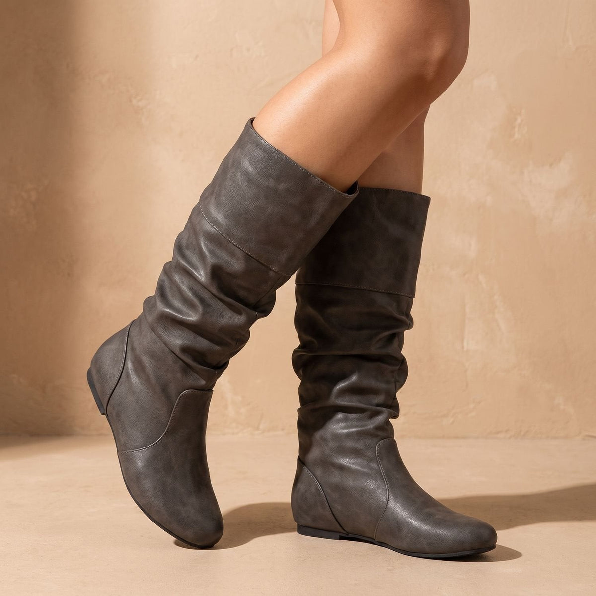 Grace | Women's Faux Leather Flat Slouch Mid-Calf Pull-On Boots