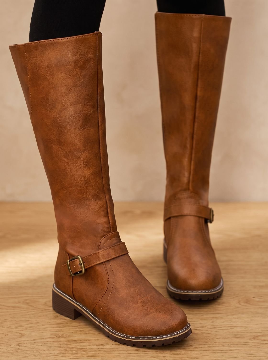 Amelia | Women's Faux Leather Knee High Boots Buckle Side-Zip