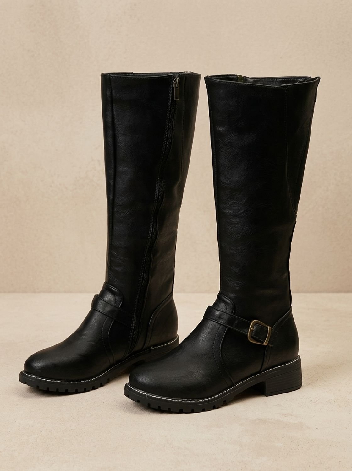 Amelia | Women's Faux Leather Knee High Boots Buckle Side-Zip