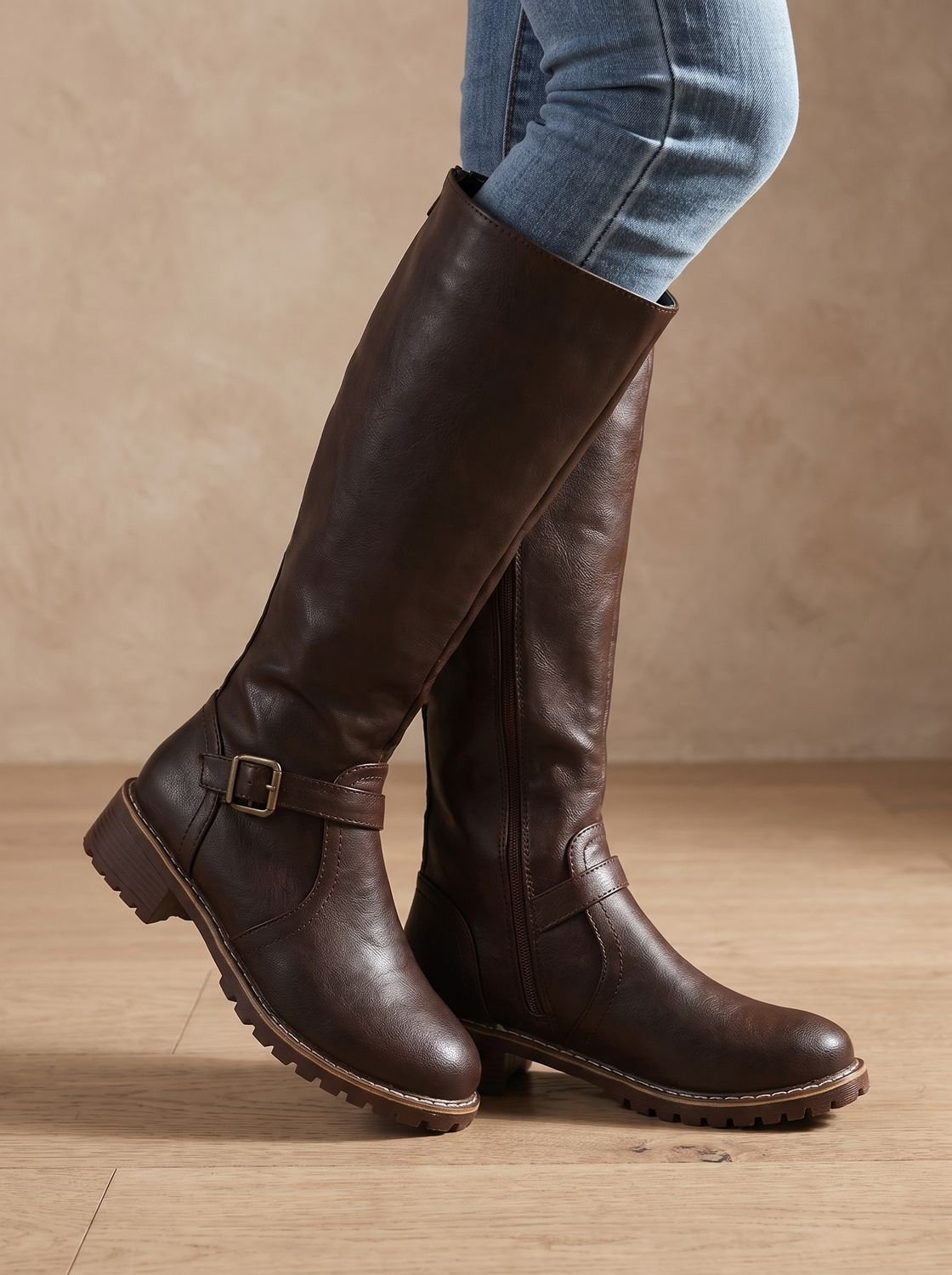 Amelia | Women's Faux Leather Knee High Boots Buckle Side-Zip