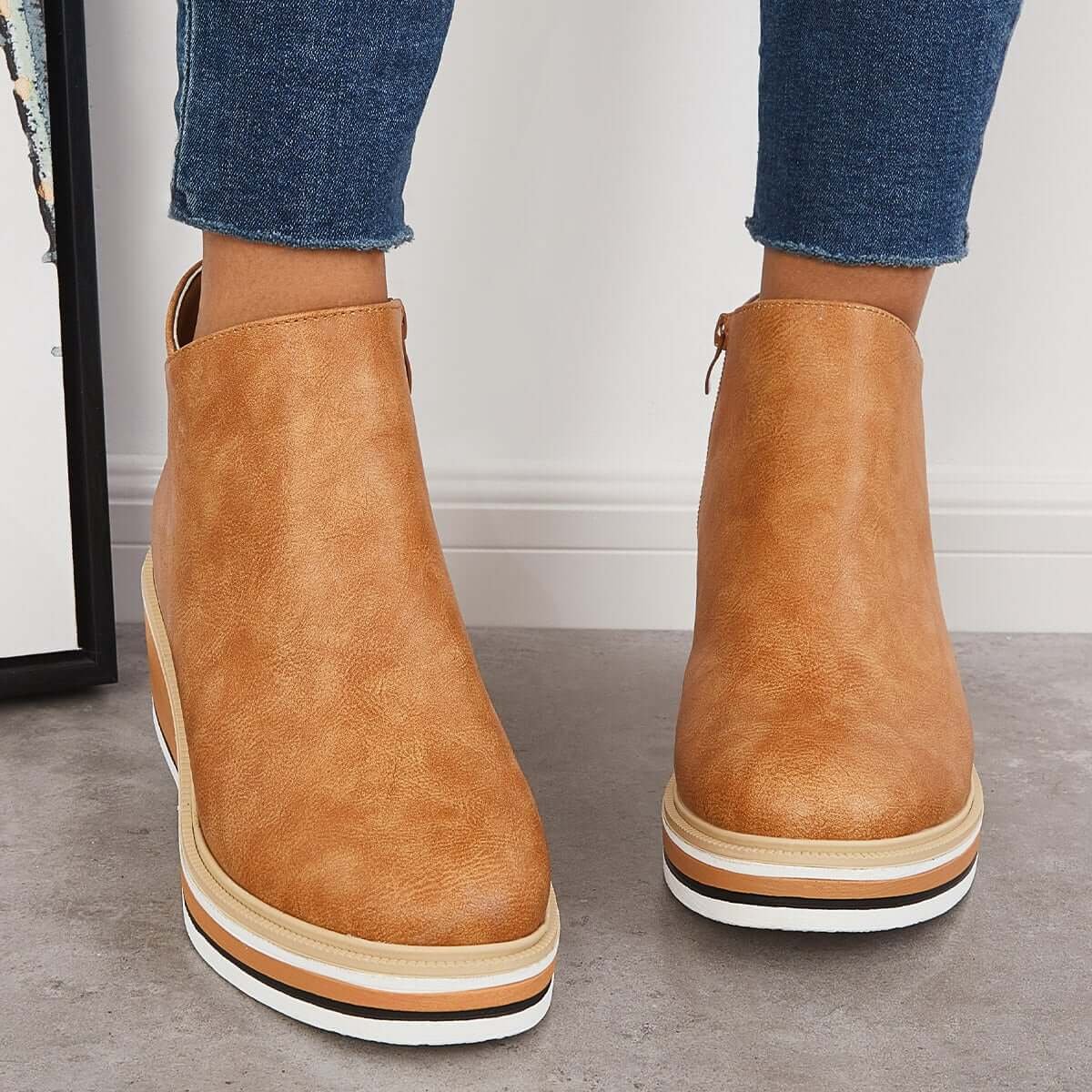 Women's Faux Leather Platform Zipper Ankle Boots