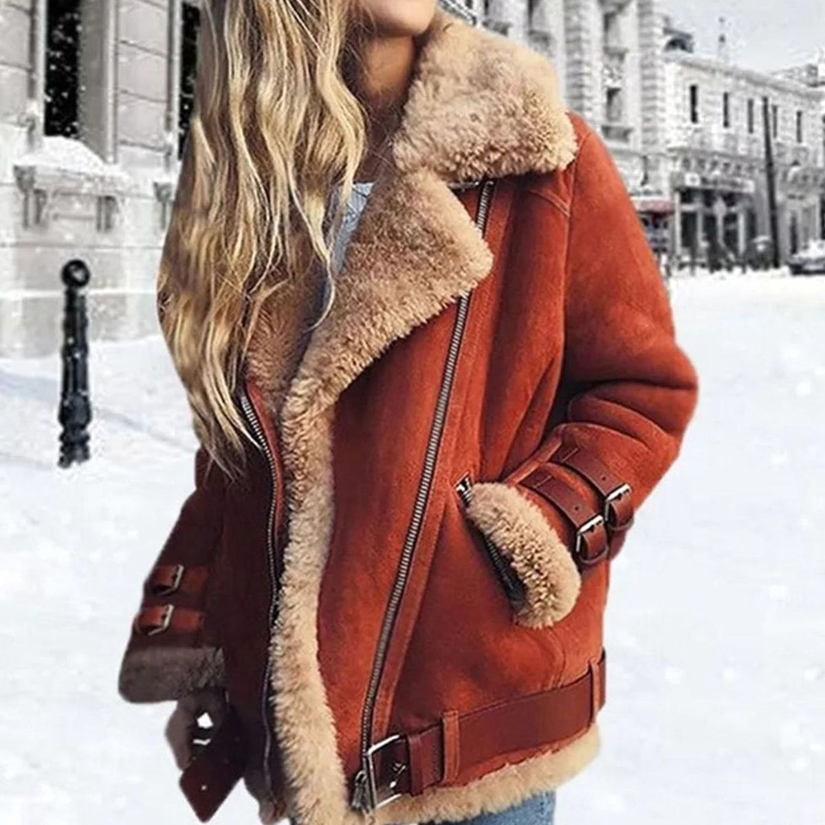 Women's Faux Shearling Belted Oversized Moto Jacket