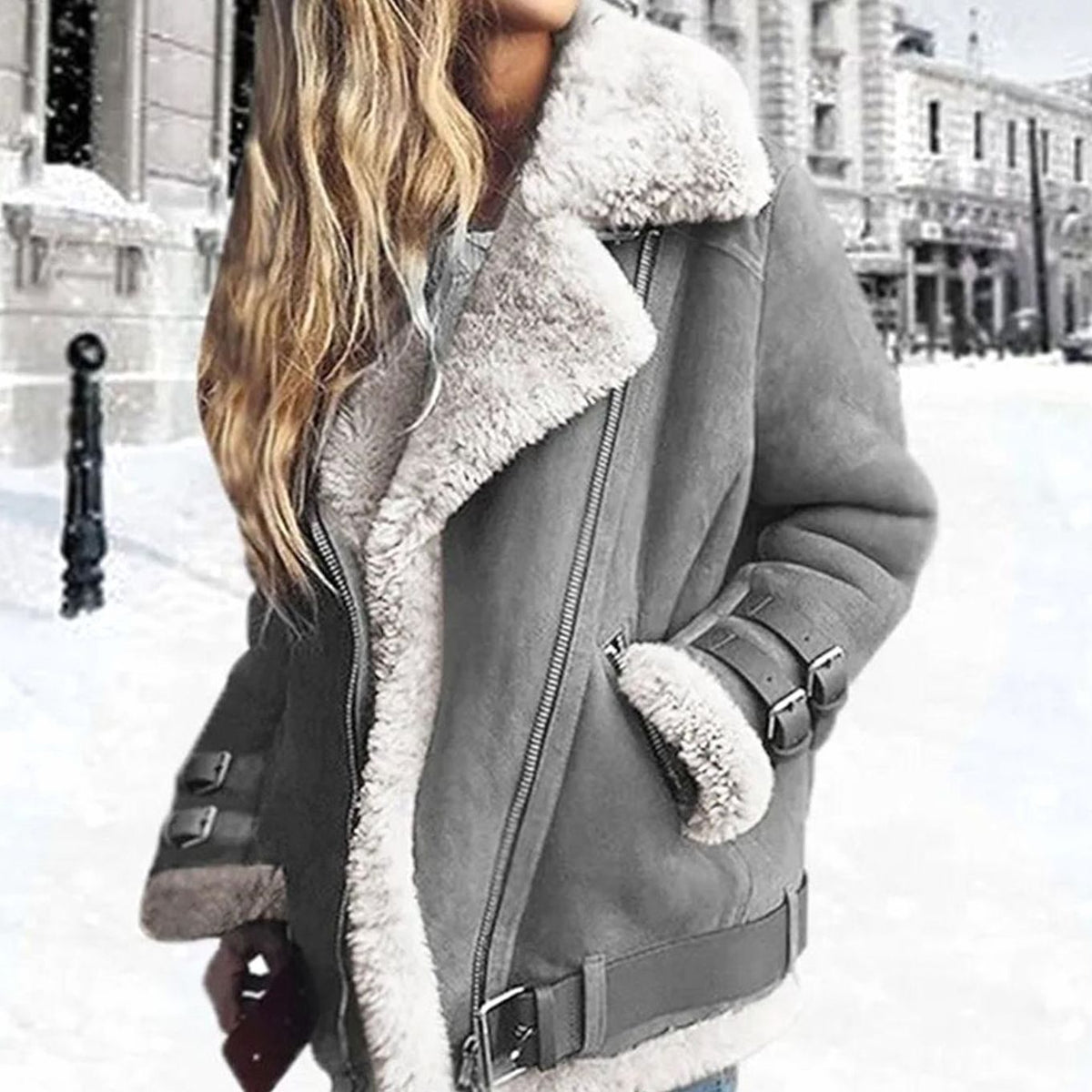 Women's Faux Shearling Belted Oversized Moto Jacket