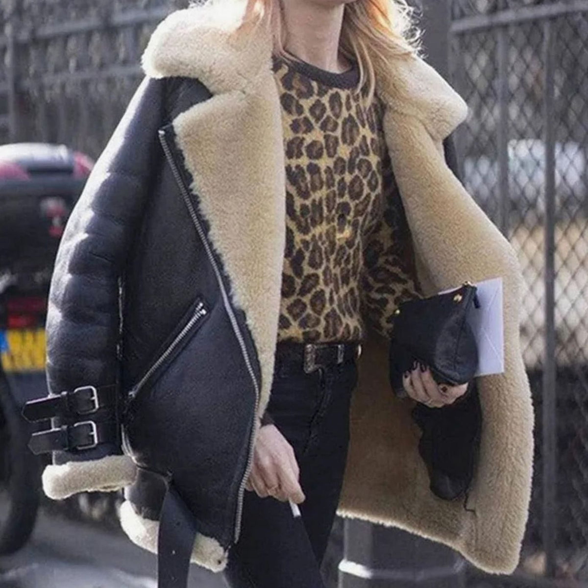 Women's Faux Shearling Belted Oversized Moto Jacket