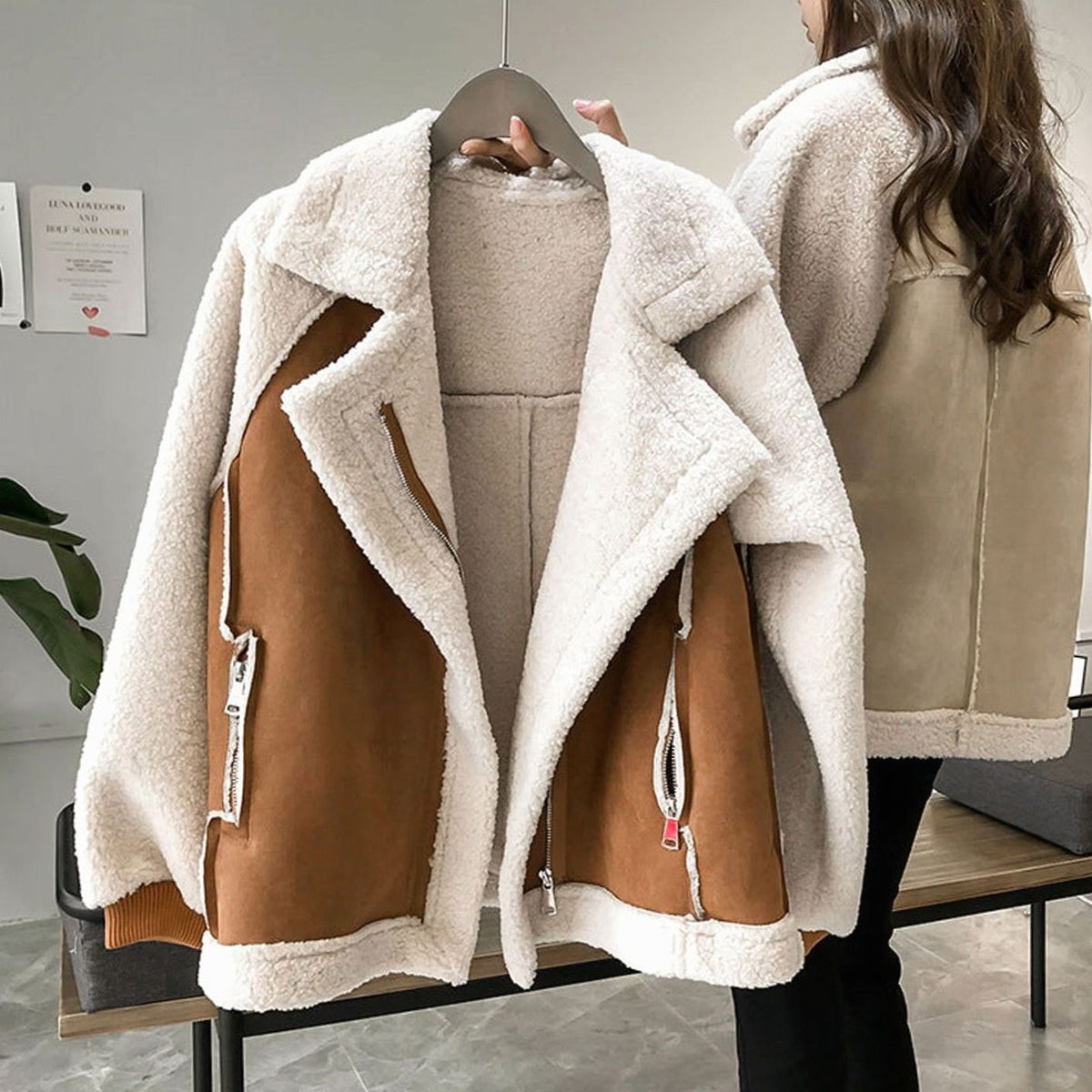 Women's Faux Shearling Relaxed-Fit Zip-Up Oversized Coat