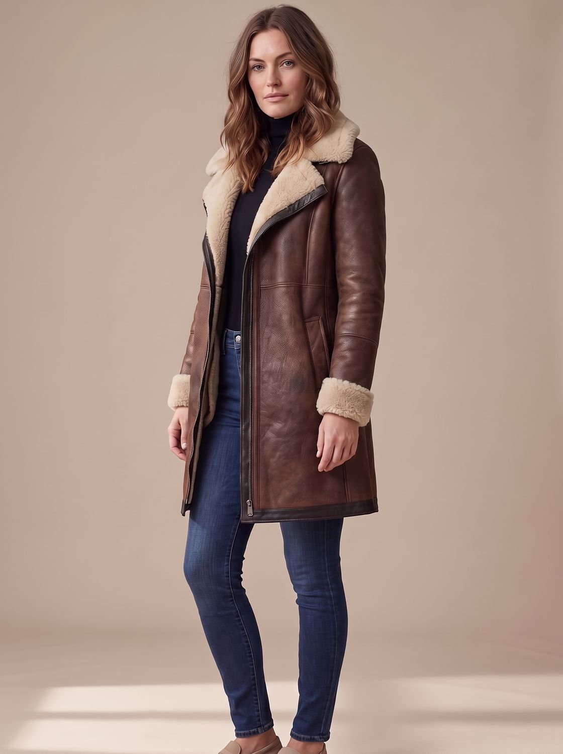 Grace | Women's Faux Suede Zip-Up Coat Shearling Collar Trim